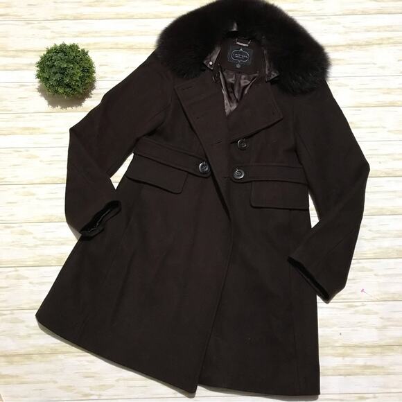 1 Madison wool Blend‎ Genuine Fur Collar Chocolate Brown Pea Coat Size Medium - Picture 1 of 4